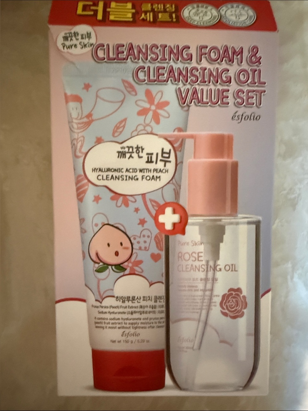 esfolio Rose Cleansing Oil & Peach Hyaluronic Cleansing Foam - Pink